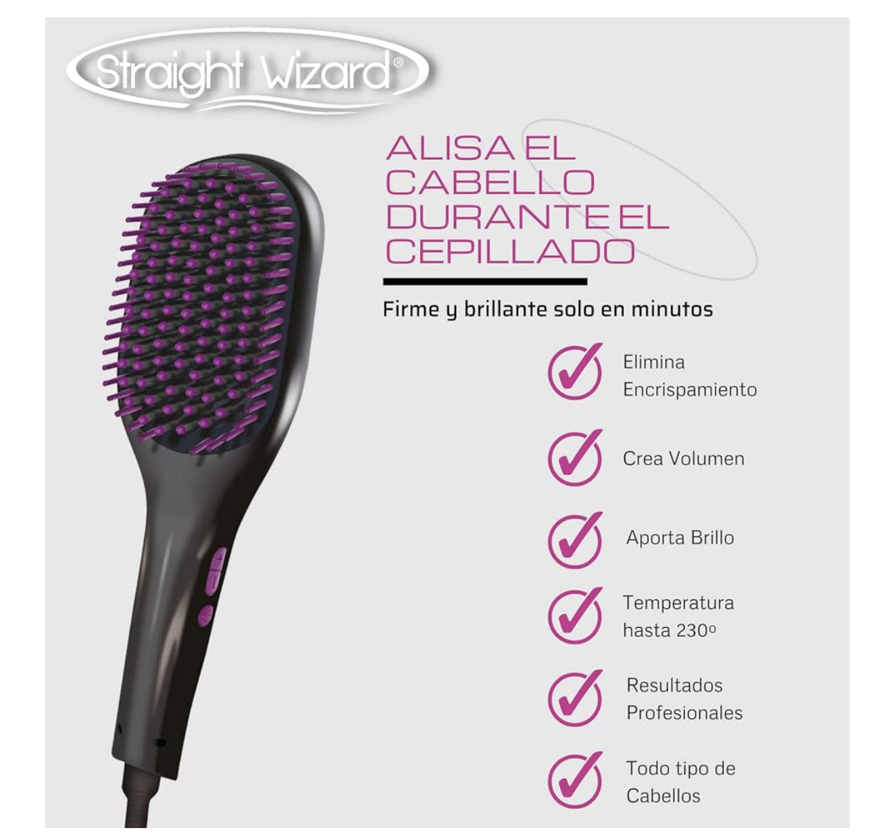Cepillo Alisador Pelo Straight Wizard, Cerdas de cerámica y temperatura ajustable