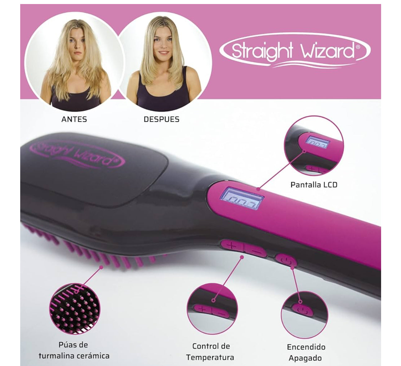 Cepillo Alisador Pelo Straight Wizard, Cerdas de cerámica y temperatura ajustable