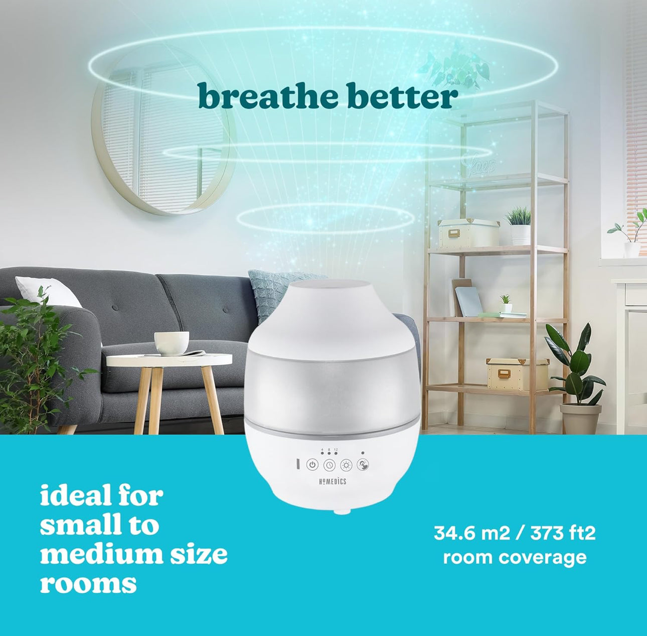HoMedics Humidificador ultrasónico de niebla fría Total Comfort: luz nocturna de 7 colores, temporizador de apagado automático de 12 horas y funcionamiento silencioso para un descanso ideal