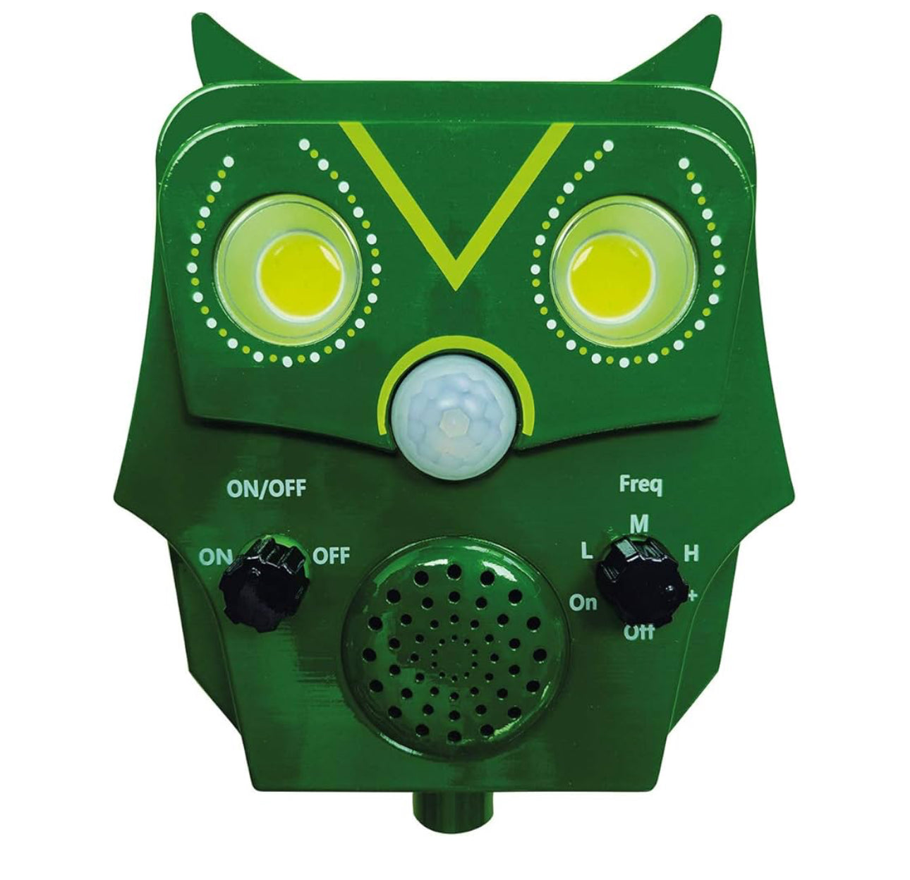 Búho de jardín con control de movimiento, ahuyentador de animales con ultrasonidos y flash, resistente a la intemperie y eficaz