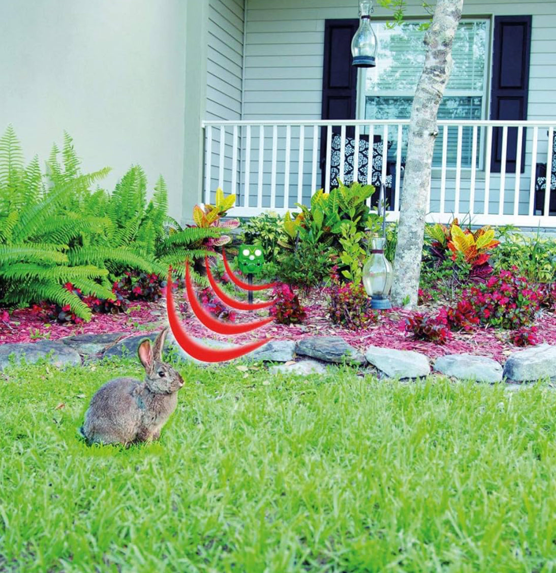 Búho de jardín con control de movimiento, ahuyentador de animales con ultrasonidos y flash, resistente a la intemperie y eficaz