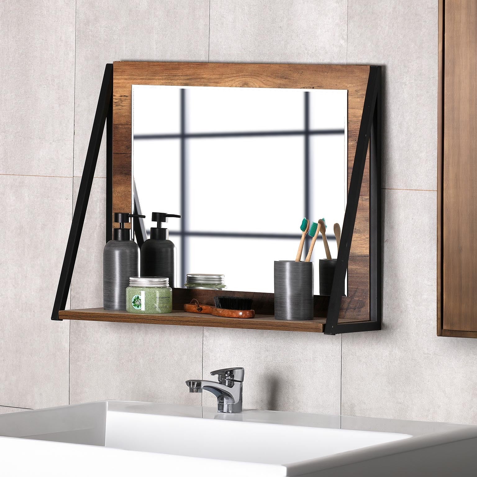 Espejo de Baño Estilo Madera Con Estantería