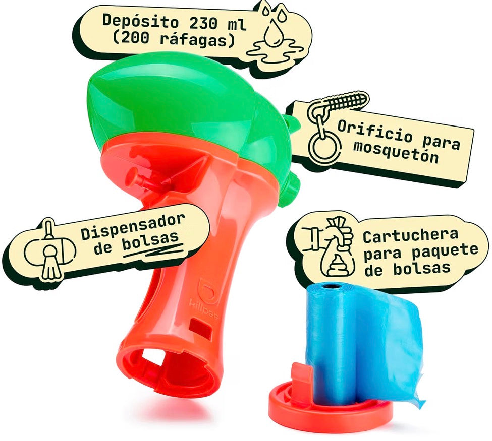 Pistola limpiadora pipis y almacenaje bolsas caca